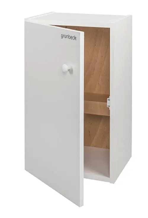 Weißer Wandschrank mit einer Tür und einem runden Türgriff, von innen mit einem Holzfurnier versehen, auf der Vorderseite das Logo von Grünbeck sichtbar.